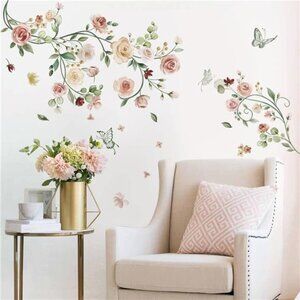 Rose Vine Wall Stickers Watercolor Floral Peel Stick Bedroom Living Room